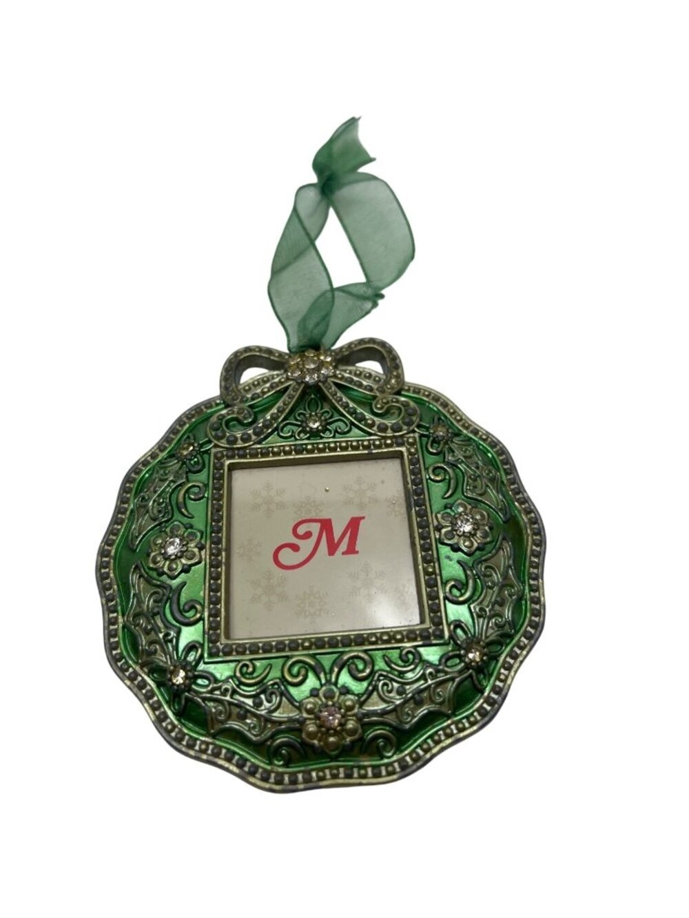 Green Decorative Monogram "M" Ornament With Bow & Rhinestone Accents Hanging Rib